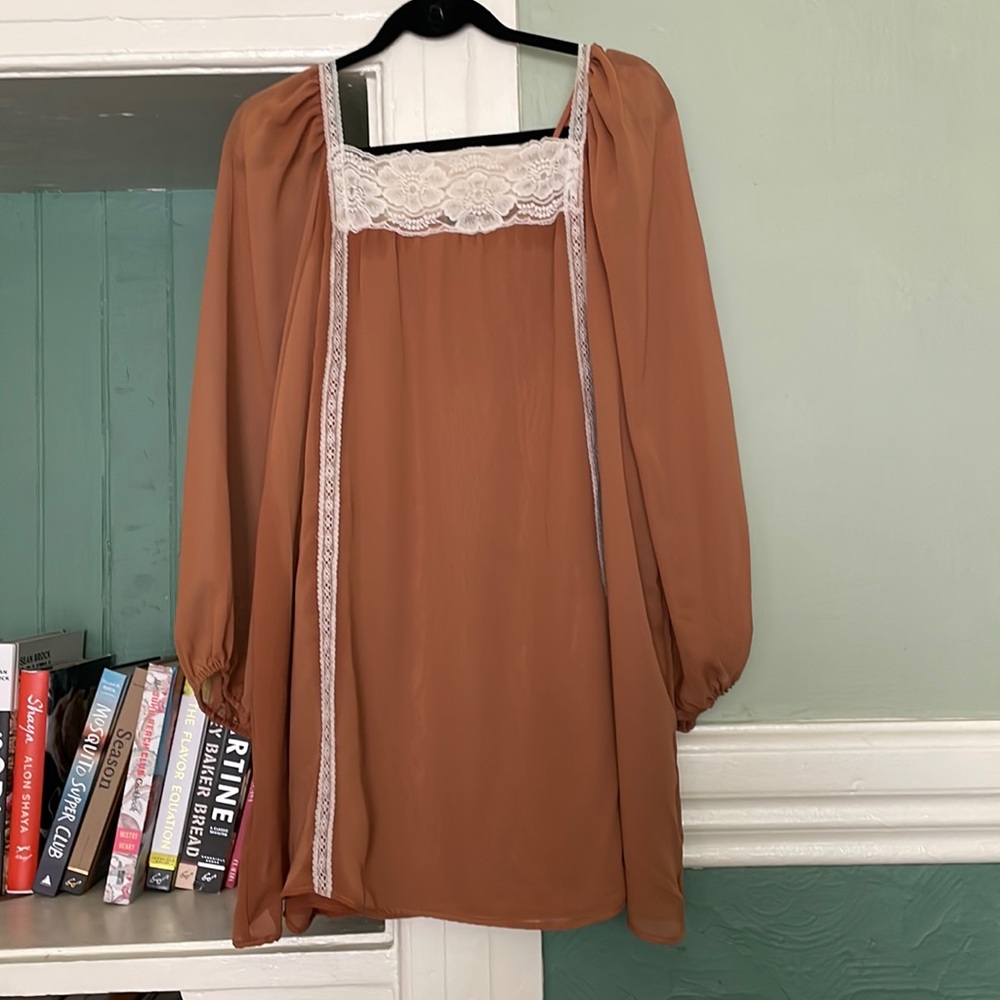 Rio FARM Tan/Brown Dress with Cream Lace details